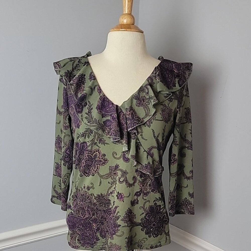 CHAPS Green Purple Floral Paisley Ruffle V-Neck 3/4 Sleeve Office Blouse Top L